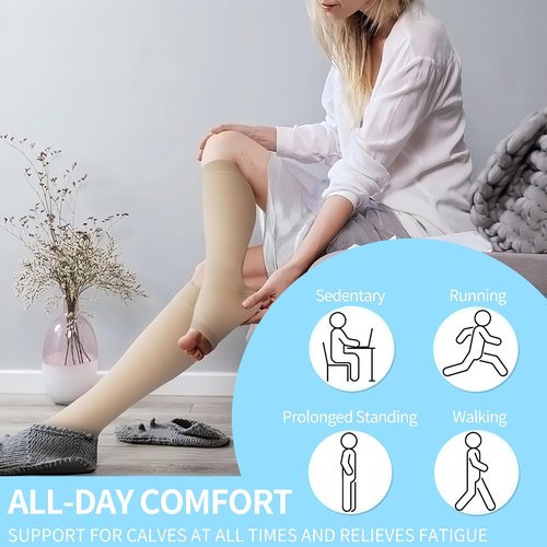 Sheer Compression Socks for Women and Men, 15-21 mmHg , Open Toe, Knee High Length Compression Stockings for Varicose Veins, DVT, Edema, Running, Nursing (L)