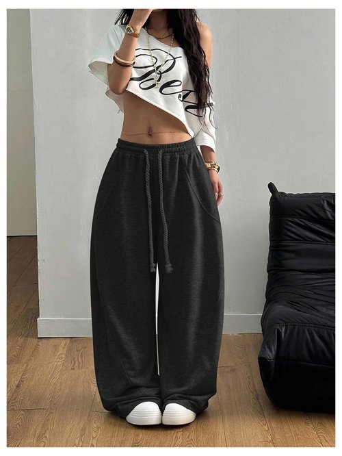 GORGLITTER Women's Y2K Baggy Sweatpants Wide Leg Barrel Pants Elastic Waist Oversized Drawstring Sweats Black X-Large