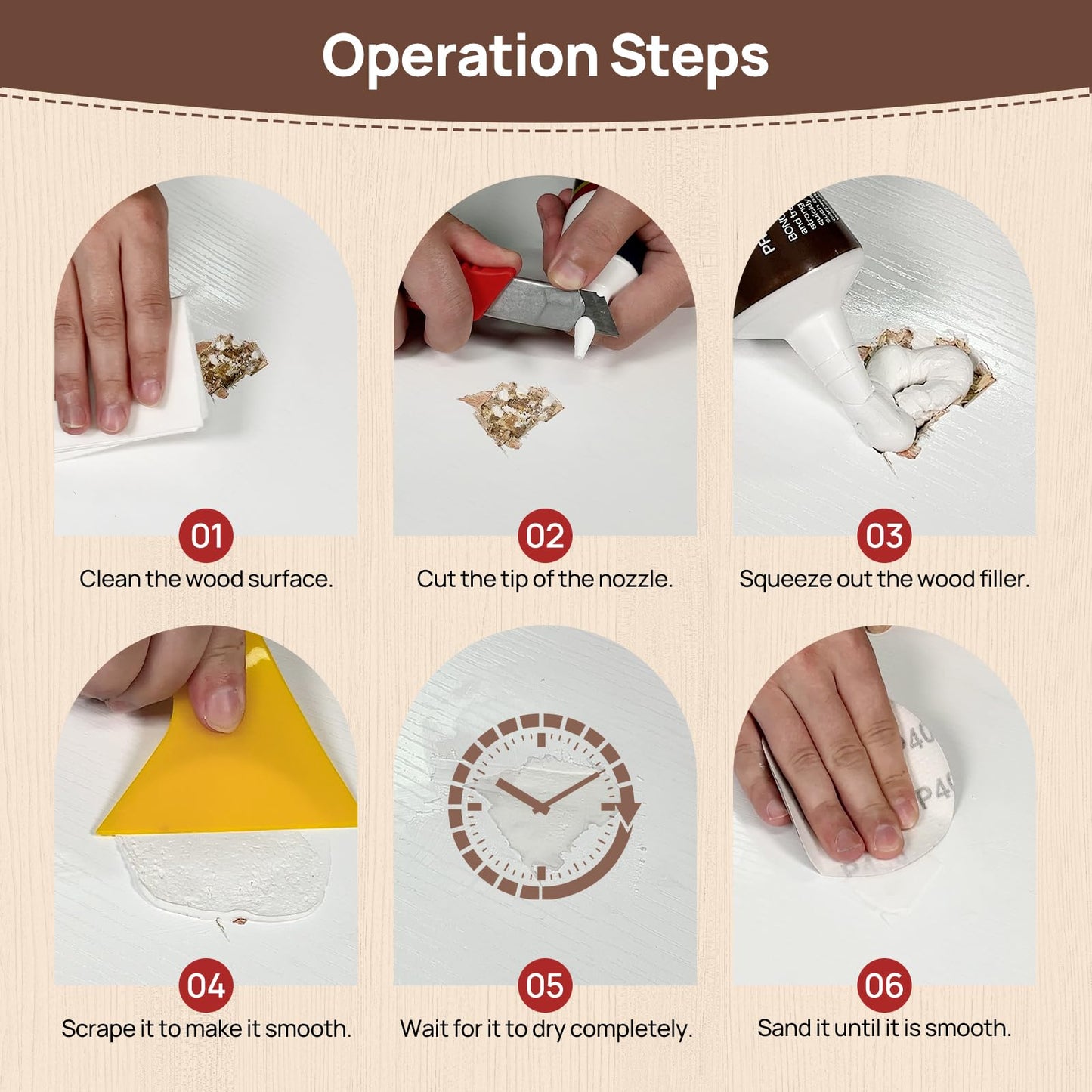 Boncart Wood Filler, 6.15 oz Paintable Wood Putty, Easy to Sand, Shrink & Crack Resistant, Quick Repair for Cracks, Holes and Damage (White)