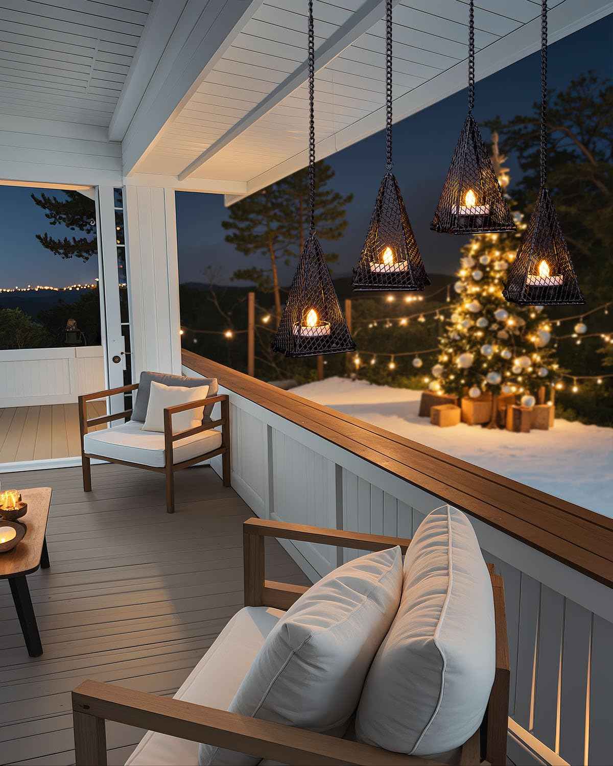 Solar Hanging Lights Outdoor, 4 Pack Hanging Lanterns Candle Holder with Solar Tea Lights Candles Outdoor Waterproof, Chandelier Ideas for Tree Gazebo Pergola Patio Decor