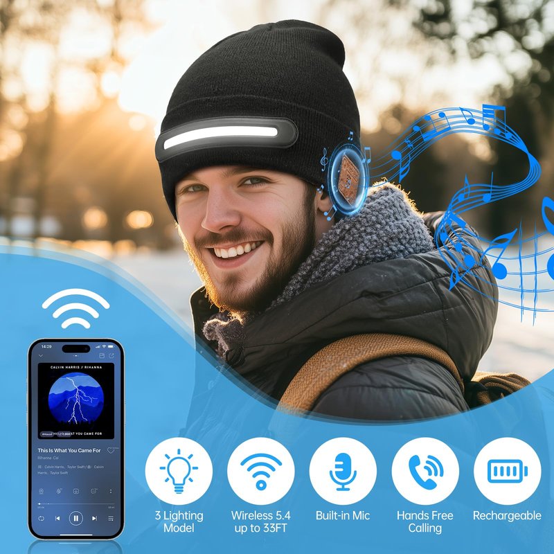 MUSIC Bluetooth Beanie Hat with LED Light for Men Women,Winter Warm Hat with 3-Modes Headlamp, Hands-Free Calling, Ideal Knitted Cap for Fishing Walking Shoveling Snow