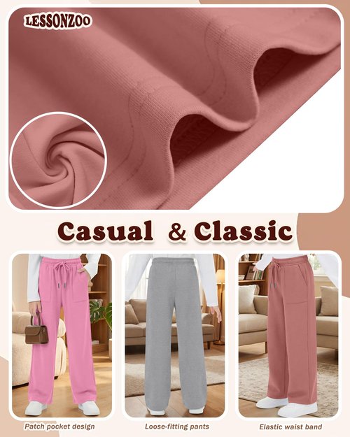 LessonZoo 4 Pack Girls' Straight Leg Sweatpants, Kids Drawstring Casual Joggers Teen Loose Open Bottom Pants with Pockets(Coral Pink, Pink, Light Gray, Black,Large)