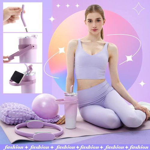 Poen 7 Pcs Pilates Essentials Kit for Women Home Workout Pilates Equipment Ring and Ball Set with 11.81 Inch Circle 9.84 Inch Yoga Ball Resistance Bands Cup Bag Socks for Beginners(Purple)