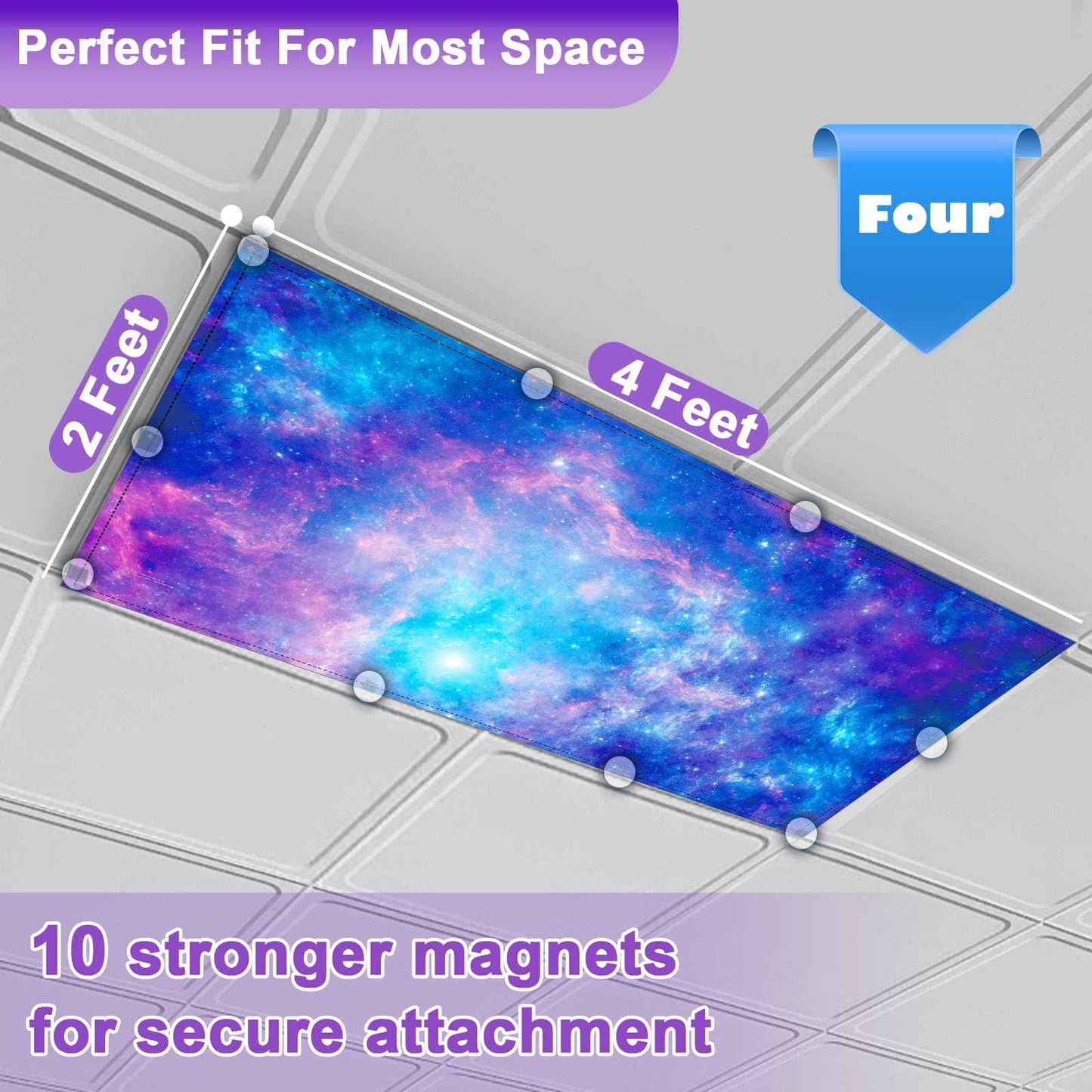 4 Pcs Fluorescent Light Covers for Ceiling Lights Classroom, Stylish Fluorescent Lampshades Classroom Light Covers Magnetic, Modern Ceiling Light Cover for Office, Home, Hospital (Purple Galaxy)