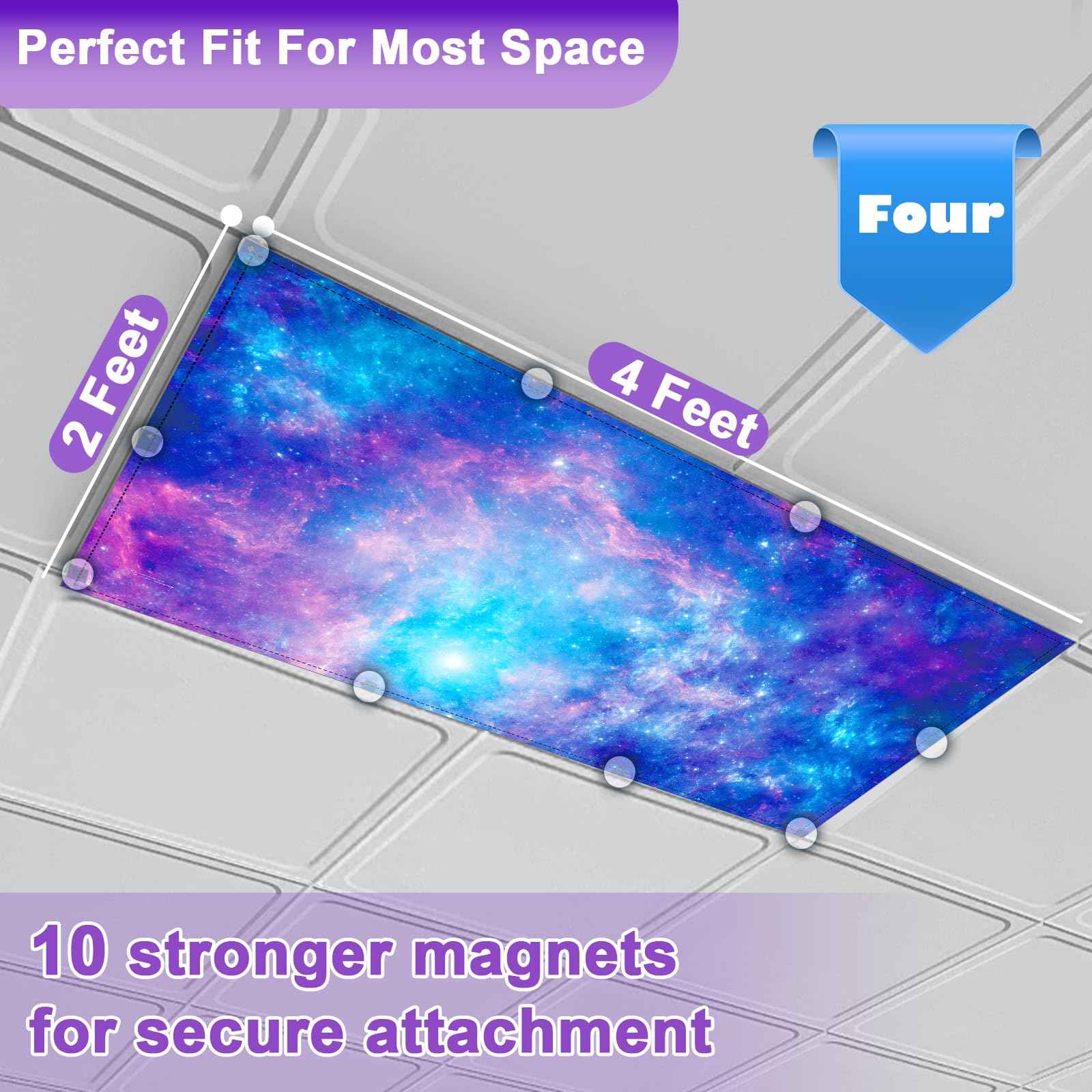 4 Pcs Fluorescent Light Covers for Ceiling Lights Classroom, Stylish Fluorescent Lampshades Classroom Light Covers Magnetic, Modern Ceiling Light Cover for Office, Home, Hospital (Purple Galaxy)