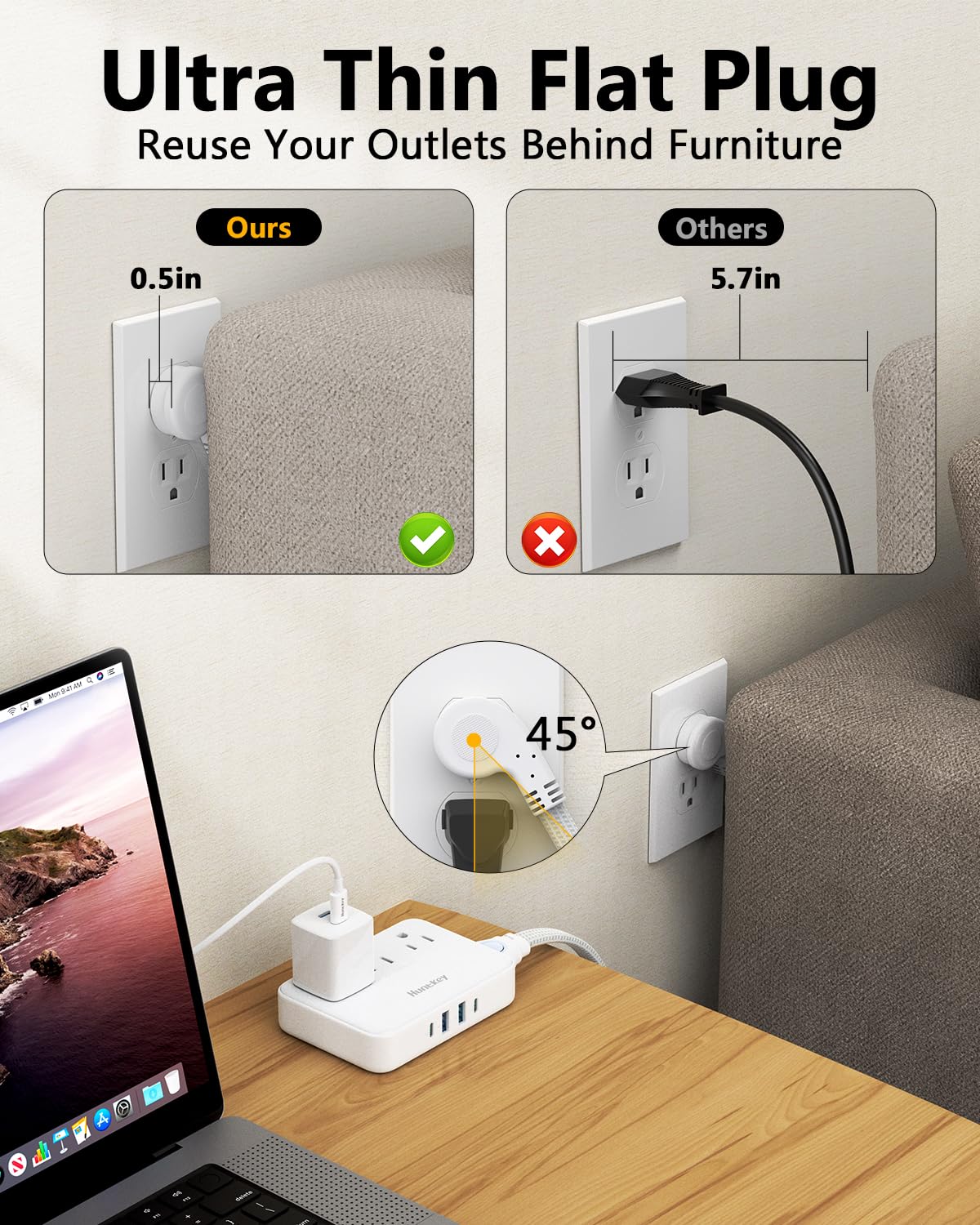 Non Surge Power Strip for Cruise, Travel Power Strip Cord Removable for Easy Packing, Huntkey 3 Outlets with 4 USB Ports (2 USB-C, 2 USB-A), 4ft/10ft/16ft Cord Available, Power Cord Sold Separately