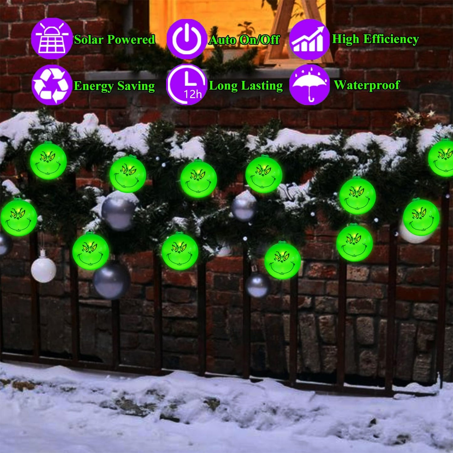 Lushangshou Outdoor Grinch Christmas Decorations Solar Christmas Lights, 20 LED 16Ft Waterproof Grinch Christmas String Lights for Christmas Tree Outside Garden Patio Yard Garland Holiday Party Decor