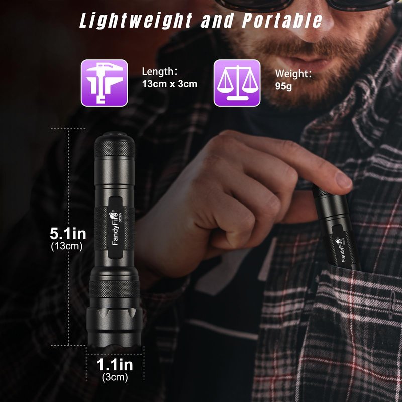 FandyFire UV Flashlight 395nm - Mini LED Black Light Ultraviolet Light Adjustable Flashlights, for Pet Urine Detection, Resin Curing, Searching Scorpion