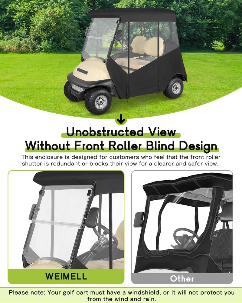 2 Passenger Golf Cart Enclosure for Club Car Precedent 2-Seater 57.5" Roof 3-Sided Clear Windows Roll-up Door No Windshield Curtain Waterproof Transparent Driving Rain Cover Black (with Seat Towel)