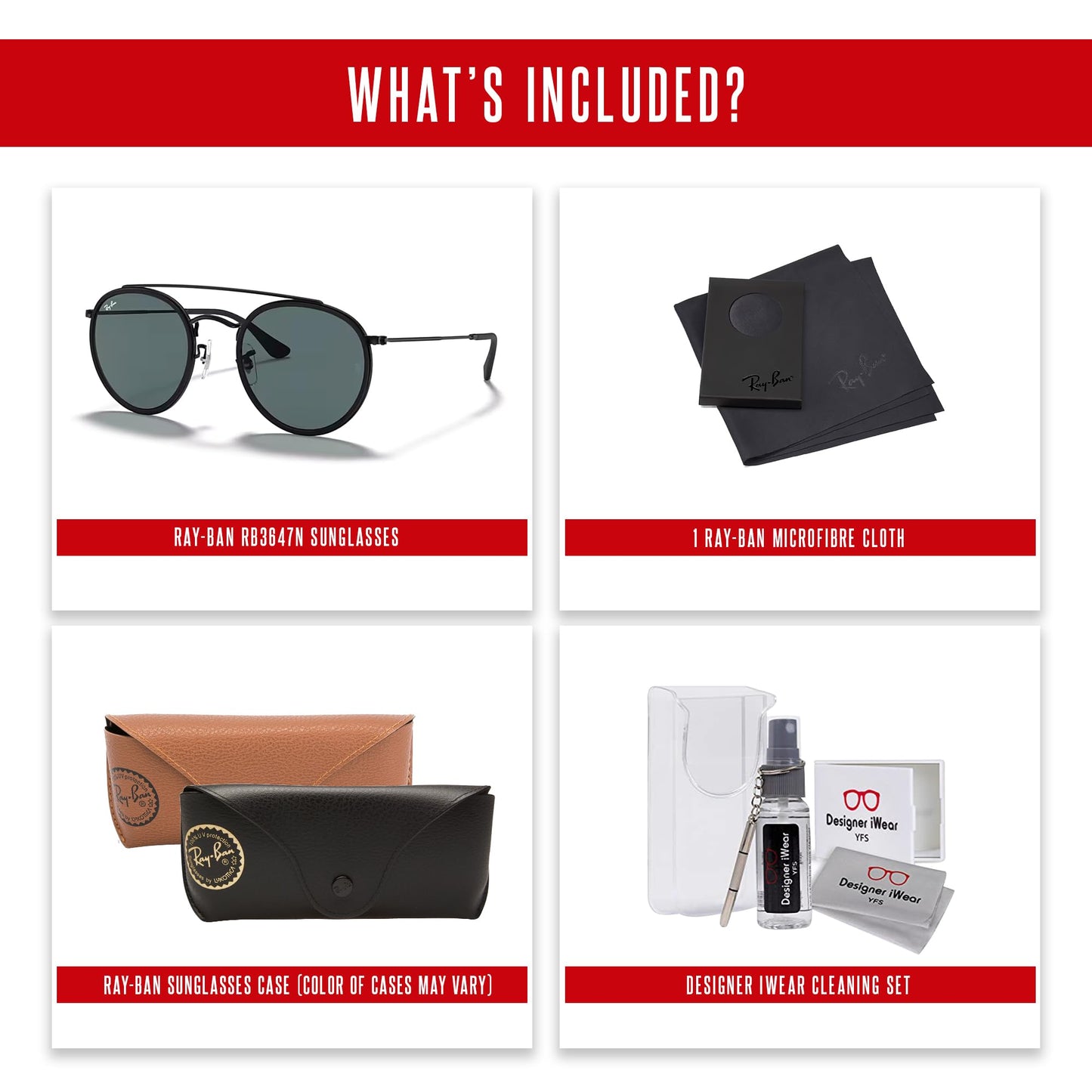 Ray-Ban RB3647N Double Bridge 002/R5 51mm (M) Black/Crystal Lens Grey Round Sunglasses for Men for Women +Bundle with Accessory Eyewear Kit