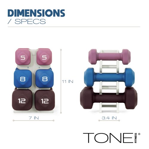Tone Fitness 50 LB Neoprene Dumbbell Set with Storage Rack – Non-Slip, Anti-Roll Hand Weights for Home Gym Workouts - Mixed Colors | Purple, Blue and Black