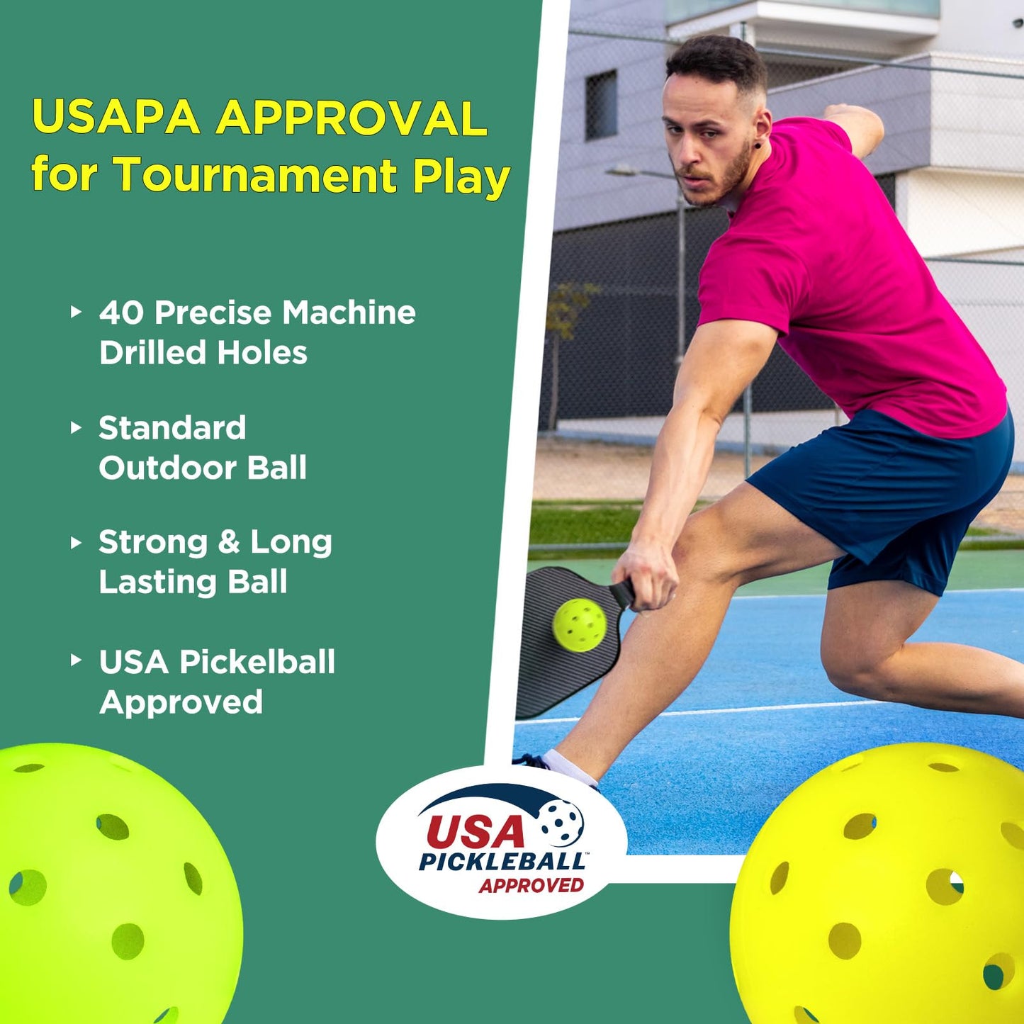 Carbon Fiber Pickleball Paddles, Anti-Slip Sweat-Absorbing Cushion Comfort Grip, 2 Paddles & 4 X-40 USAPA Standard Outdoor Pickleball (USAPA Approved for Tournament Play), 2 Grip Tapes, 1 Carry Bag
