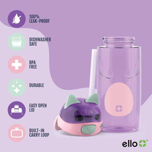 Ello Ellies 16oz Plastic Kids Water Bottle with Straw and Built-in Carrying Handle and Leak-Proof Locking Lid for School backpack, Lunchbox and Outdoor Sports, Cat