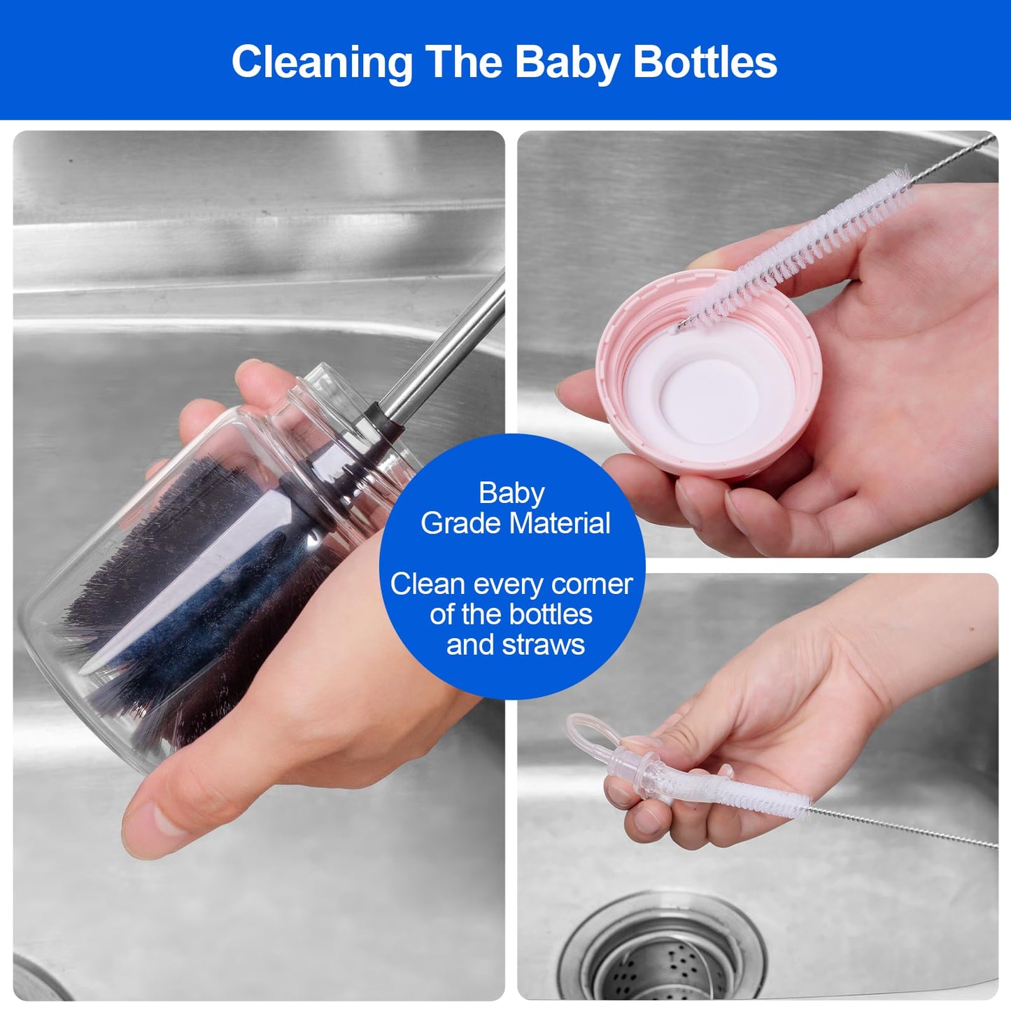 SweeBe Bottle Brush, Long Stainless Steel Handle Water Bottle Brush Cleaner, Sports Bottle Scrubber, Kitchen Scrub Cleaning Brushes for Beer Bottles, Cups, Wine Glasses, Coffee Mugs, Tumblers, Thermos