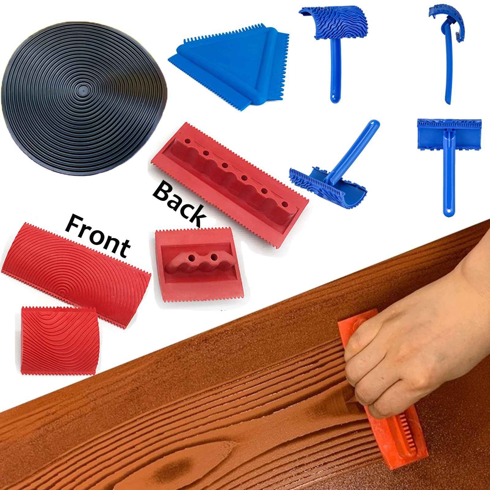 Wood Graining Tool Set, 6pcs 7" Fake Wood Grain Roller Rubber Graining Tool Paint Look Like Wood DIY Painting Tool with Handle for Walls Room Art Paint Decoration