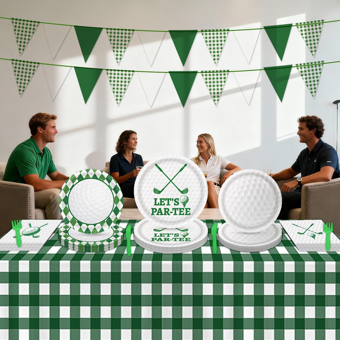 LINHAXM Golf Party Decorations Include Plates, Napkins, Forks, Banner, Tablecloth — Sports Birthday or Baby Shower Golf Birthday Decorations, Serves 24
