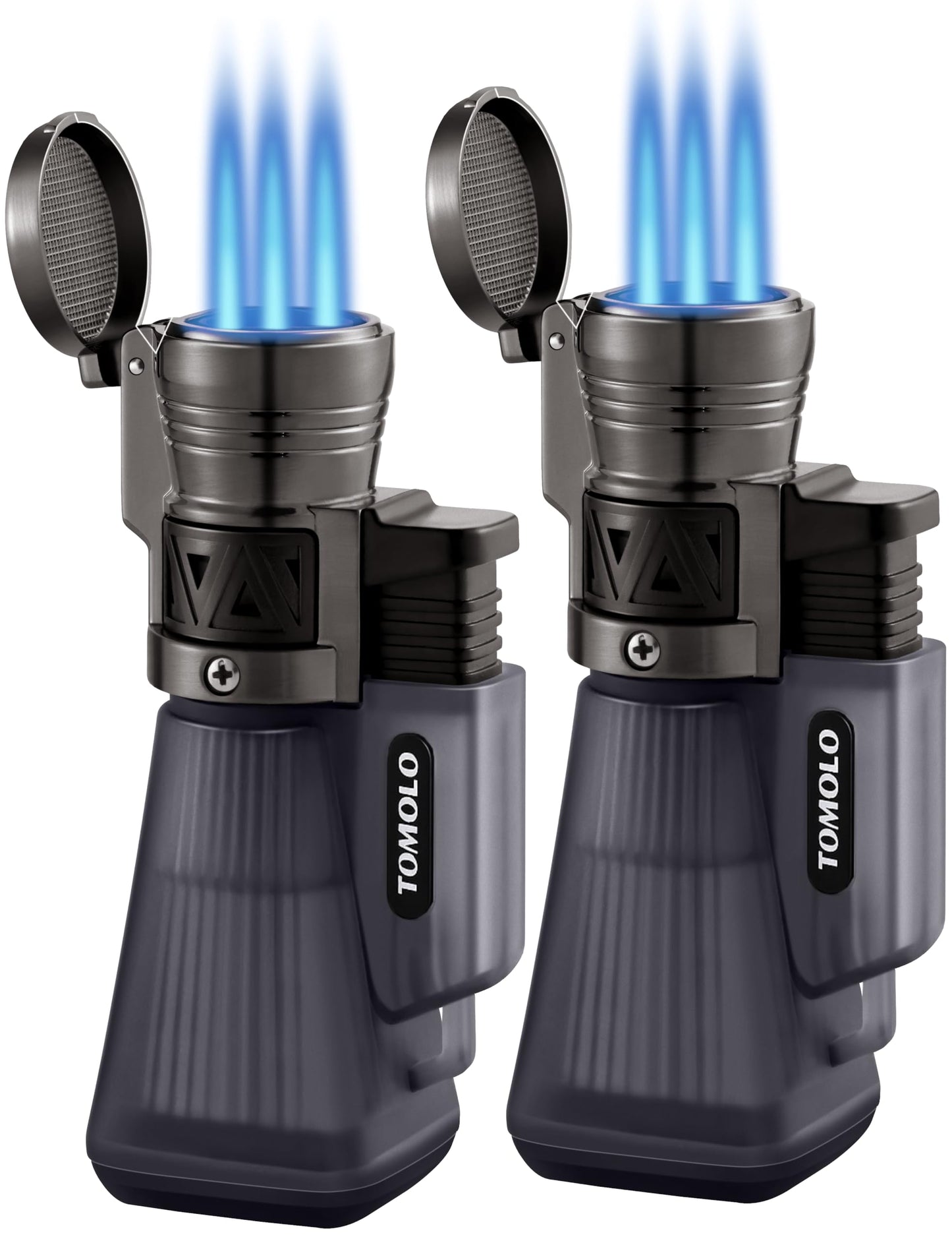 TOMOLO Torch Lighter 2 Pack, Refillable Butane Lighter with 3 Jet Torch Adjustable Windproof Flame (Without Fuel)(Black)