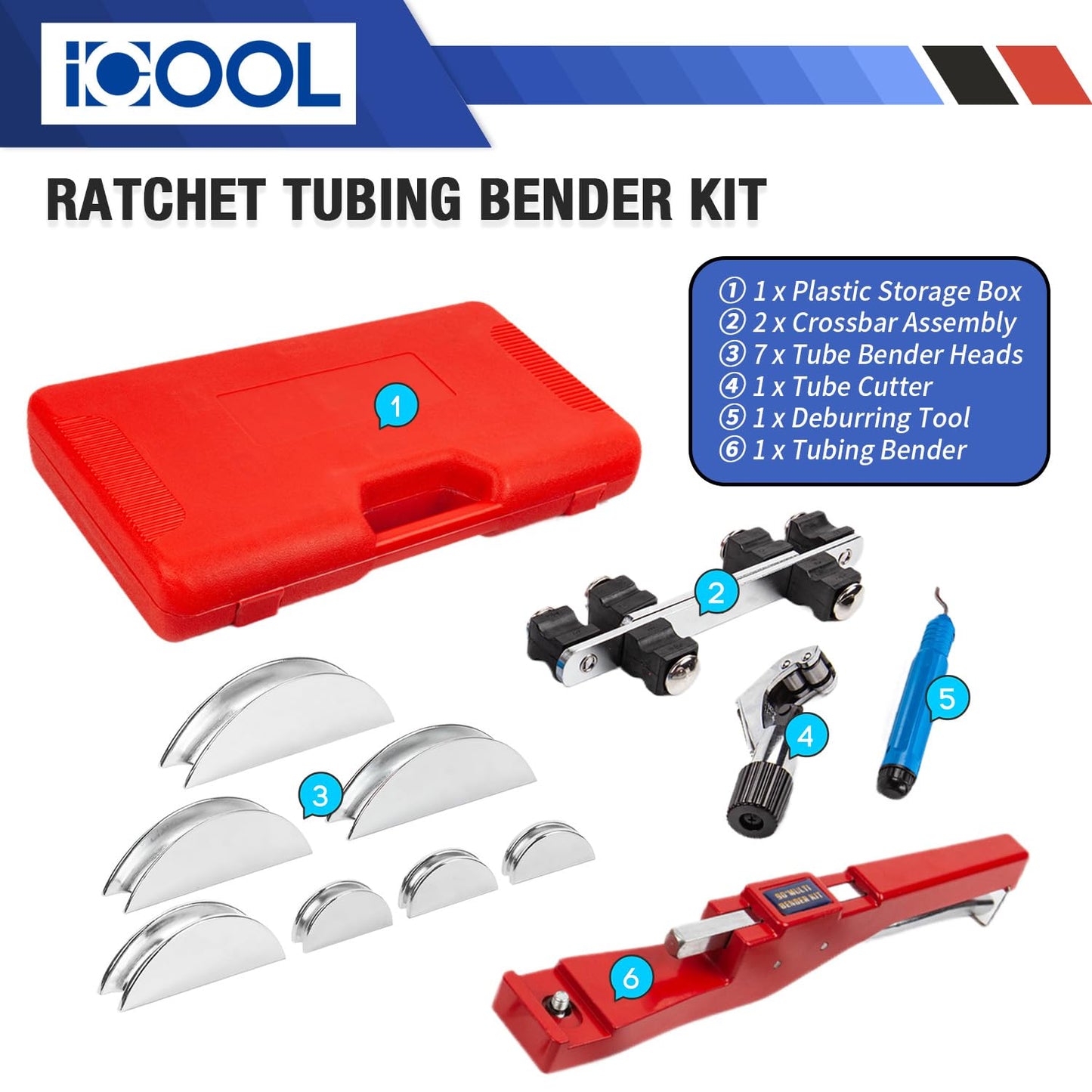 ICOOL Tubing Bender Kit Hand Tool 1/4 to 7/8 Inch for Soft Copper Aluminum HVAC Refrigeration System Maintenance, with Tube Cutter