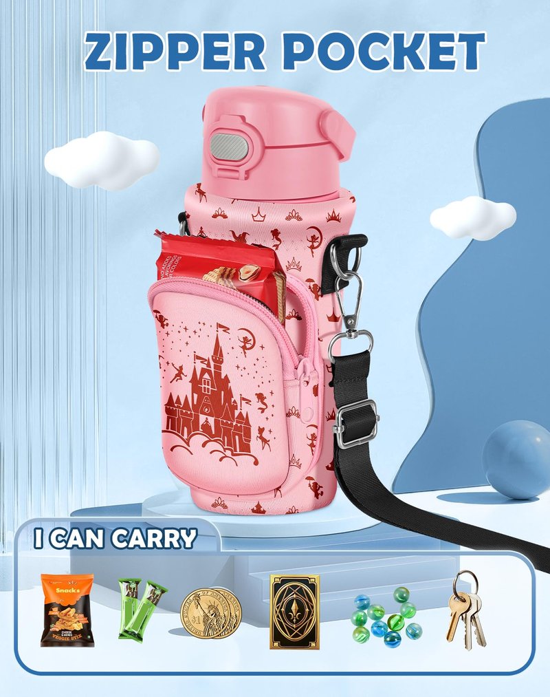 Miss Adola Water Bottle Carrier with Strap - Cute Cartoon Insulated Water Bottle Carrier Bag with Pocket Neoprene Bottle Holder Bag for 14/16/18/20 oz Stainless Glass Bottles Sleeve, PK Castle