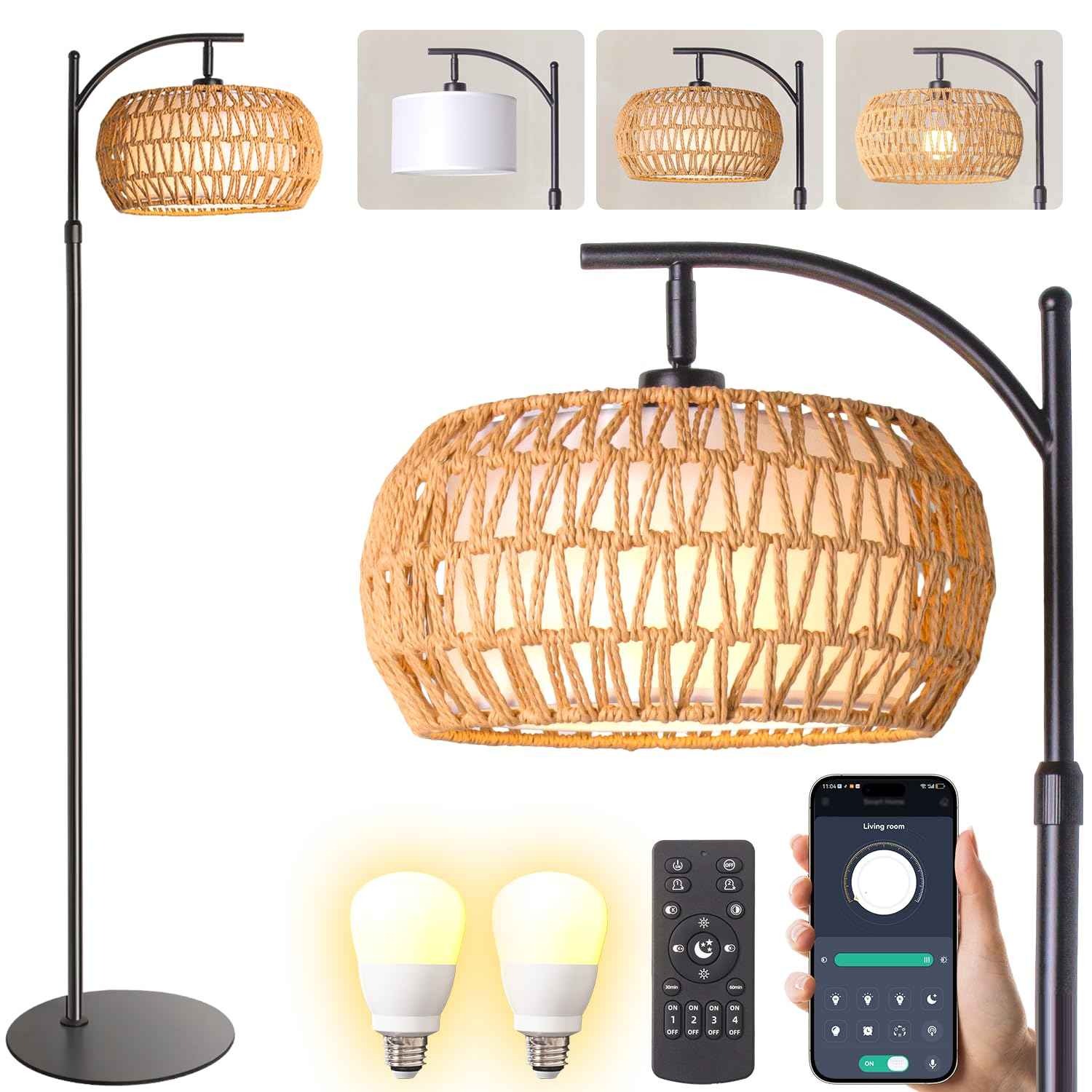 DRAWNCAT Boho Rattan Floor Lamp with Shade - 12W Bright LED Bulb, Adjustable Height 48-60 Inch, Remote Control 3 Color Temperatures,Farmhouse Handwoven Arc Standing Light for Living Room Bedroom