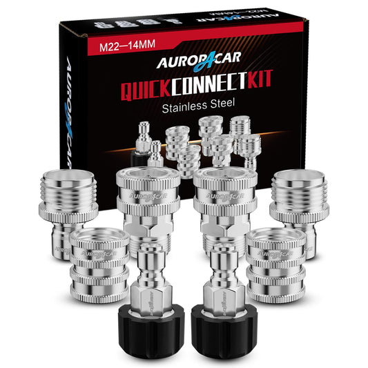AURORA CAR Pressure Washer Quick Connect Kit, Stainless Steel Pressure Washer Adapter Set, M22-14mm Swivel to 3/8" Quick Connect Fittings, 3/4 Inch Hose Fittings, 8 Pack