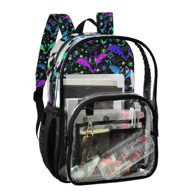 PJGINUIUA Psychedelic Bats Print Clear Backpack Lightweight Large Capacity See Through Bookbag Transparent Daypack Bag, 12L