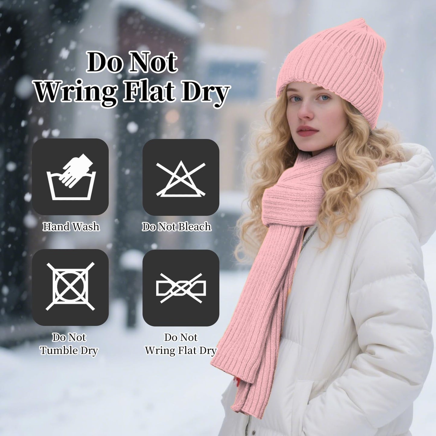 Winter Knit Beanie Hat Scarf Gloves Cold Weather Set, Warm Knit Beanie Long Scarf Touchscreen Gloves,Winter Gifts for Women (Pink, One Size)