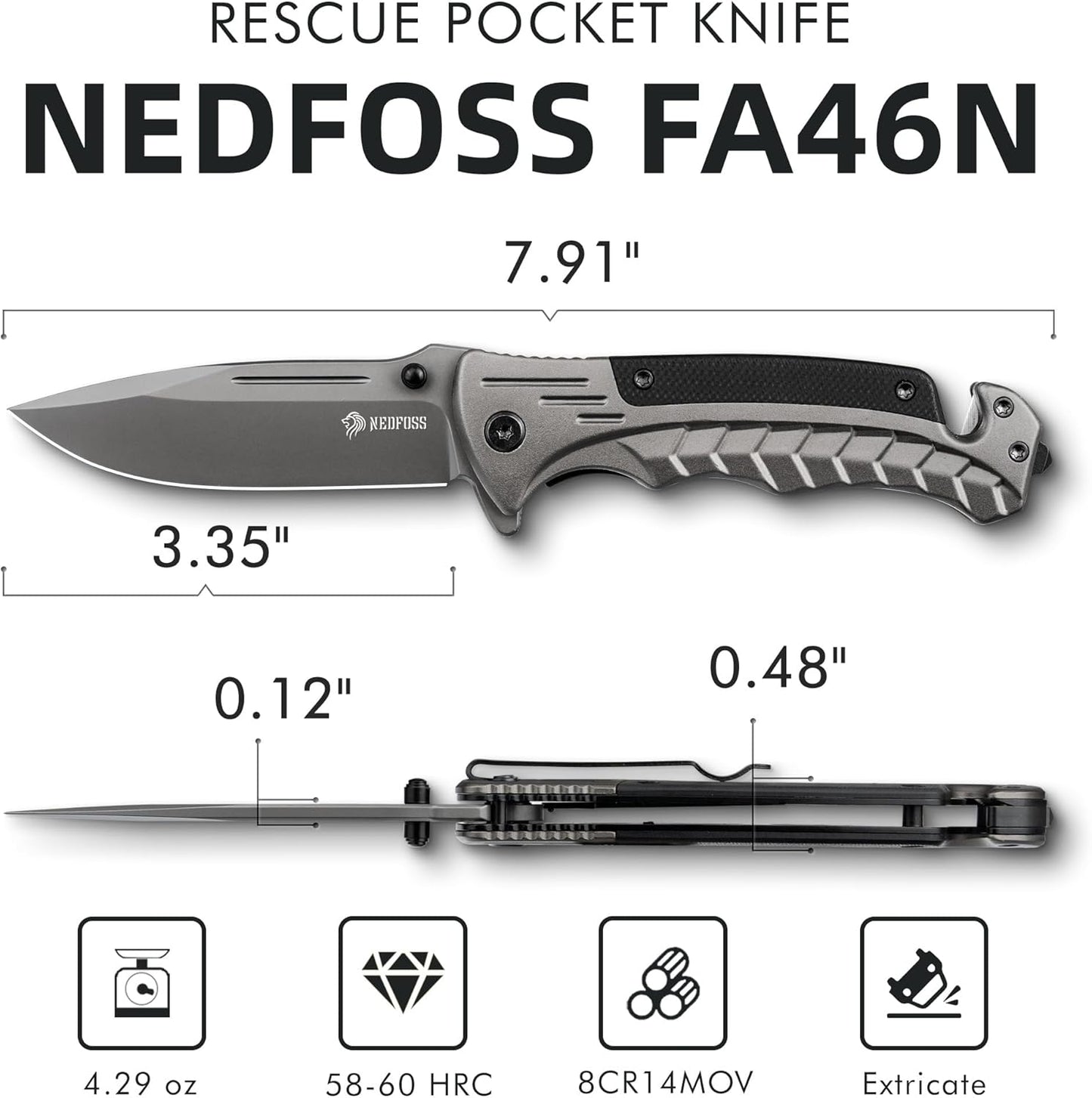 NedFoss FA46N EDC Pocket Knife - 3.35" Tactical Rescue Knife with Glass Breaker & Seatbelt Cutter | Ultralight Grey Aluminum Handle