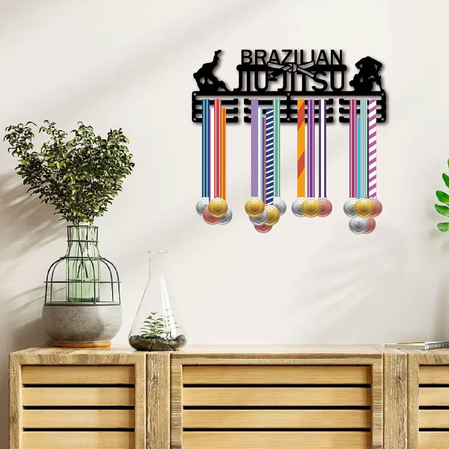 CREATCABIN Brazilian Jiu Jitsu Medal Holder Medal Hanger Display Rack Medal Hanging Awards Wall Mounted Home Room Decor Gift for Men Women Athletes Player Race Competition Winner Black 15.7x5.9 Inch