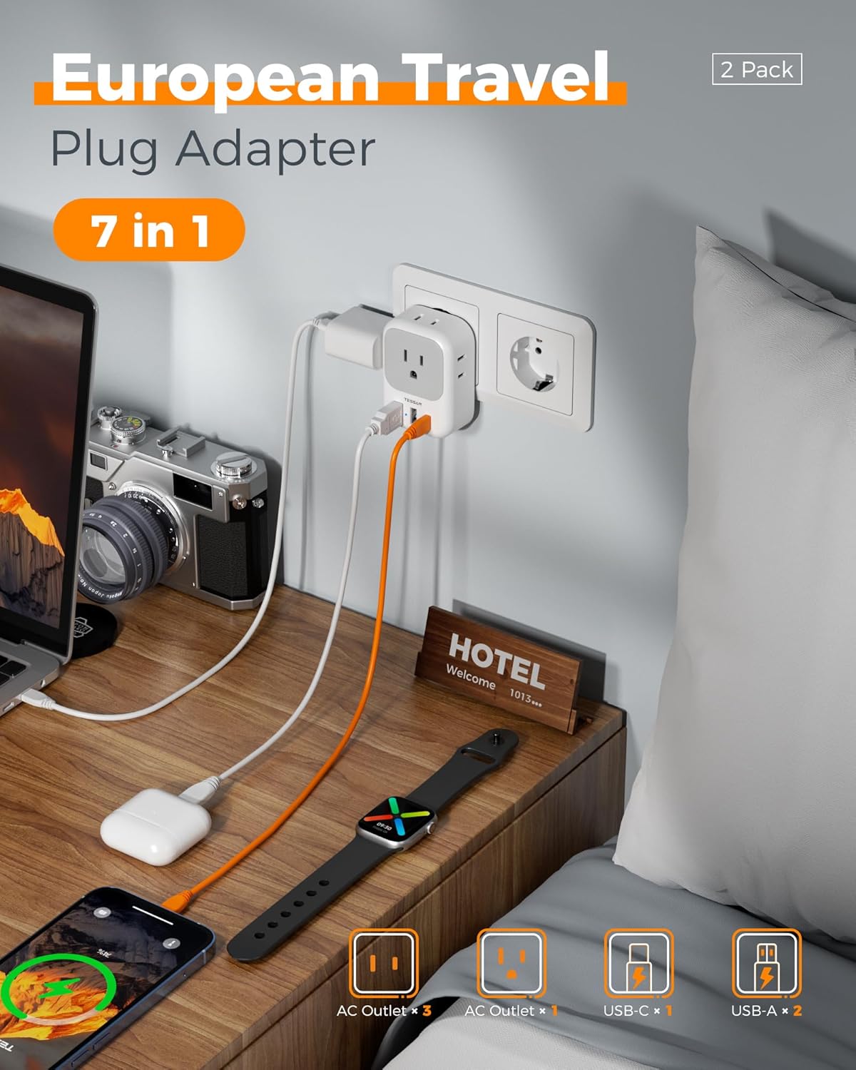 TESSAN European Plug Adapter - 2 Pack USB-C Travel Charger with 4 Outlets & 3 USB Ports for Italy, Spain, France, Germany