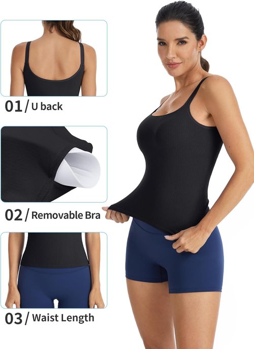 ATTRACO Ribbed Workout Tank Top - Built-In Bra Yoga U Back Crop Top for Women | Tight Fit Gym Wear