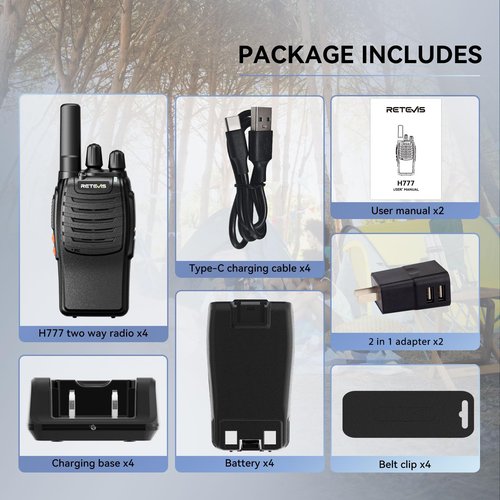 Retevis H-777 Walkie Talkies Rechargeable, 2 Way Radio Long Range, Handheld Two Way Radios for Adults, Short Antenna, LED Flashlight, Emergency Alarm, 16 Channel (4 Pack)