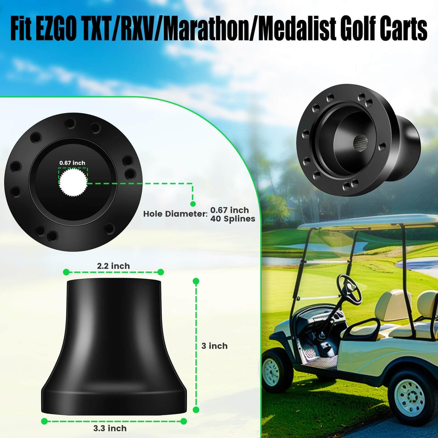 EZGO Steering Wheel Adapter fit EZGO TXT/RXV/Marathon/Medalist Golf Carts Steering Wheel Adapter Golf Cart Accessories(Black)