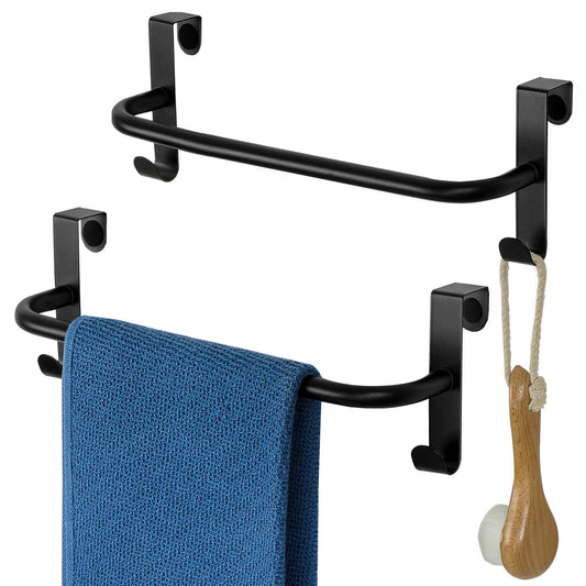 SAYAYO Over Cabinet Towel Bar Black, 10 Inch Kitchen Towel Holder with 2 Hooks, Over The Cupboard Door Dish Towel Rack, 2 Pcs