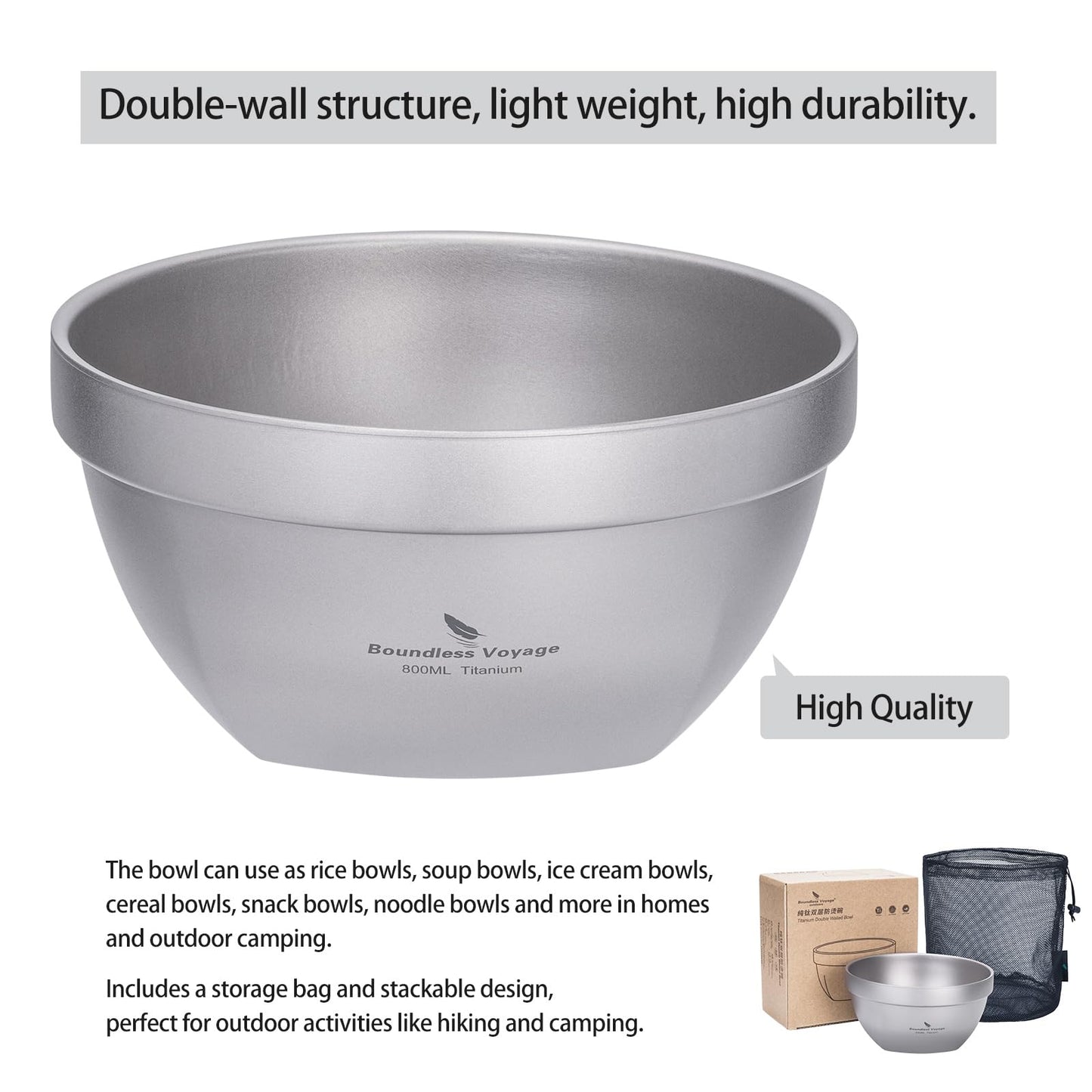 Boundless Voyage Titanium Double Walled Bowl Oatmeal Rice Soup Yogurt Bowl Ultralight Portable Tableware Outdoor Camping Metal Bowls (800ml)