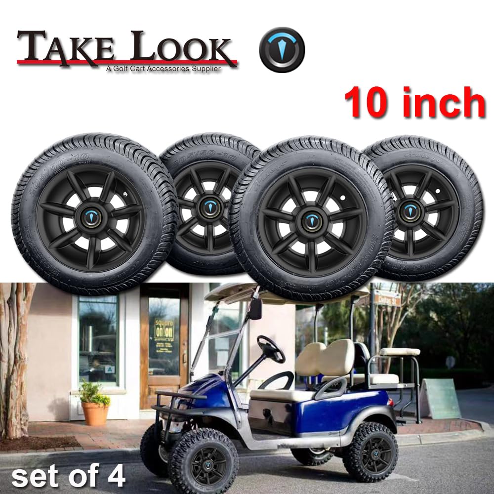 TakeLook Golf Cart Wheel Covers 10 Inch, Improved 7 Spoke Hub Caps for Club Car/E-Z-GO/YA/Star Car/Excar/Icon and Other Most Models Golf Cart, Matte Black, ABS Material