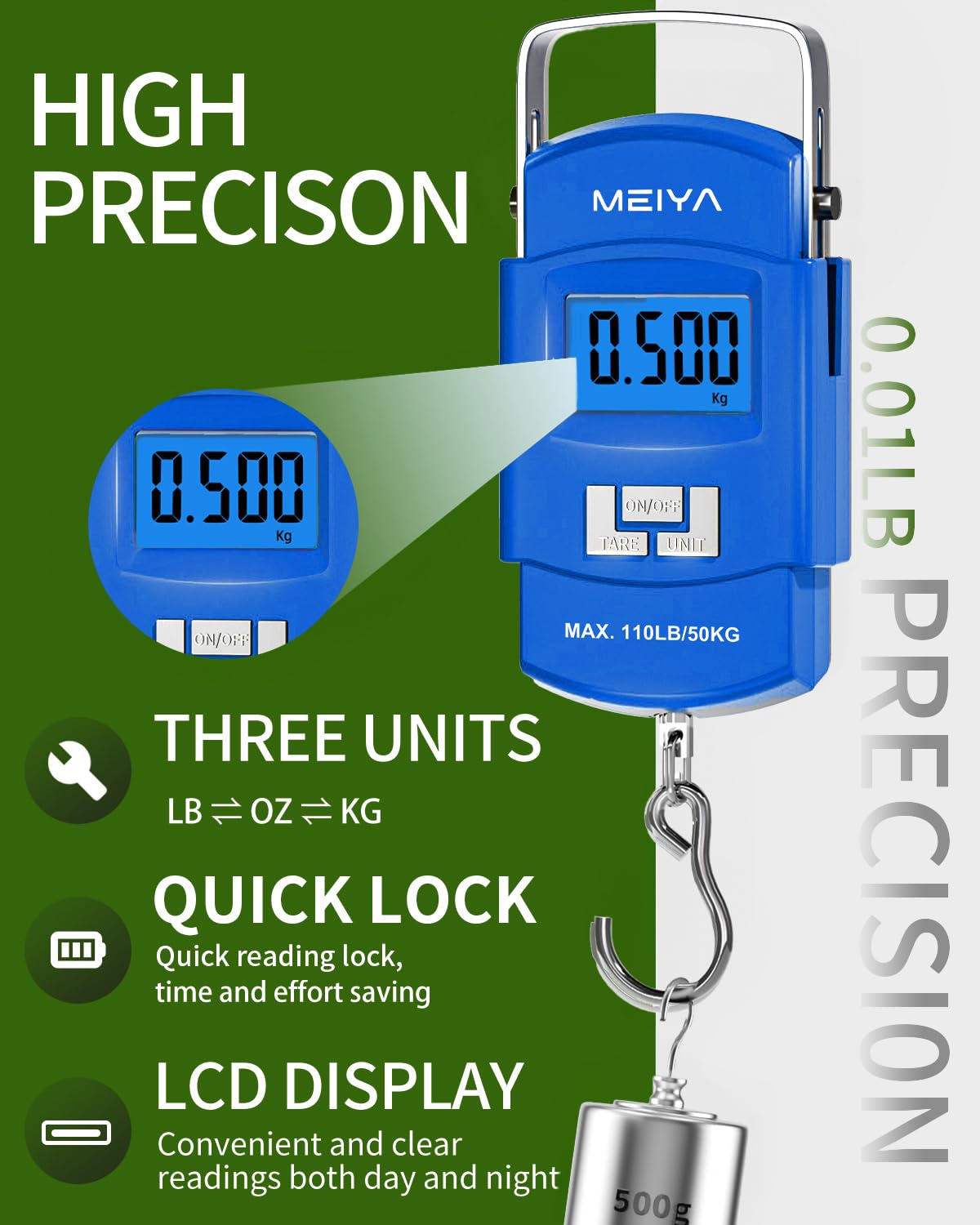 MEIYA Portable Luggage Scale - 110lb Digital Hanging Scale with Backlit LCD Display | Ideal for Travel & Fishing (Blue)