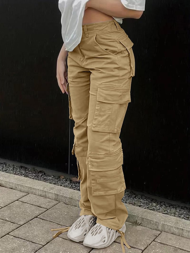 SDNGED Women's High Waisted Cargo Pants Travel Y2K Streetwear Baggy Stretchy Pants with Pockets Drawstring Ankle Cuffs Khaki