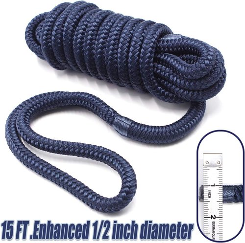 Marine-Grade Dock Lines by Hi-Performance | 4 Pack 1/2” X 15’ Double-Braided Nylon with 12” Eyelet - Navy Blue