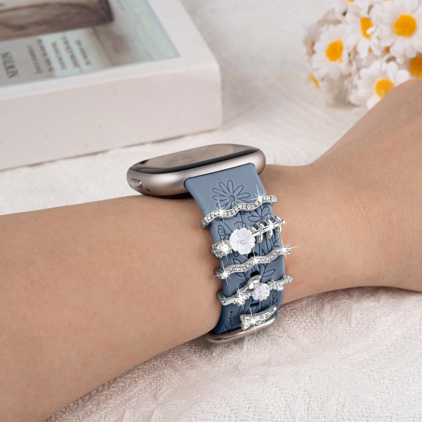 Floral Engraved Bands Compatible with Fitbit Versa 4/Versa 3/Sense 2/Sense Band with Charms, Soft Silicone Sport Fancy Replacement Wristbands Strap with Cute Decorative Rings Accessories for Women