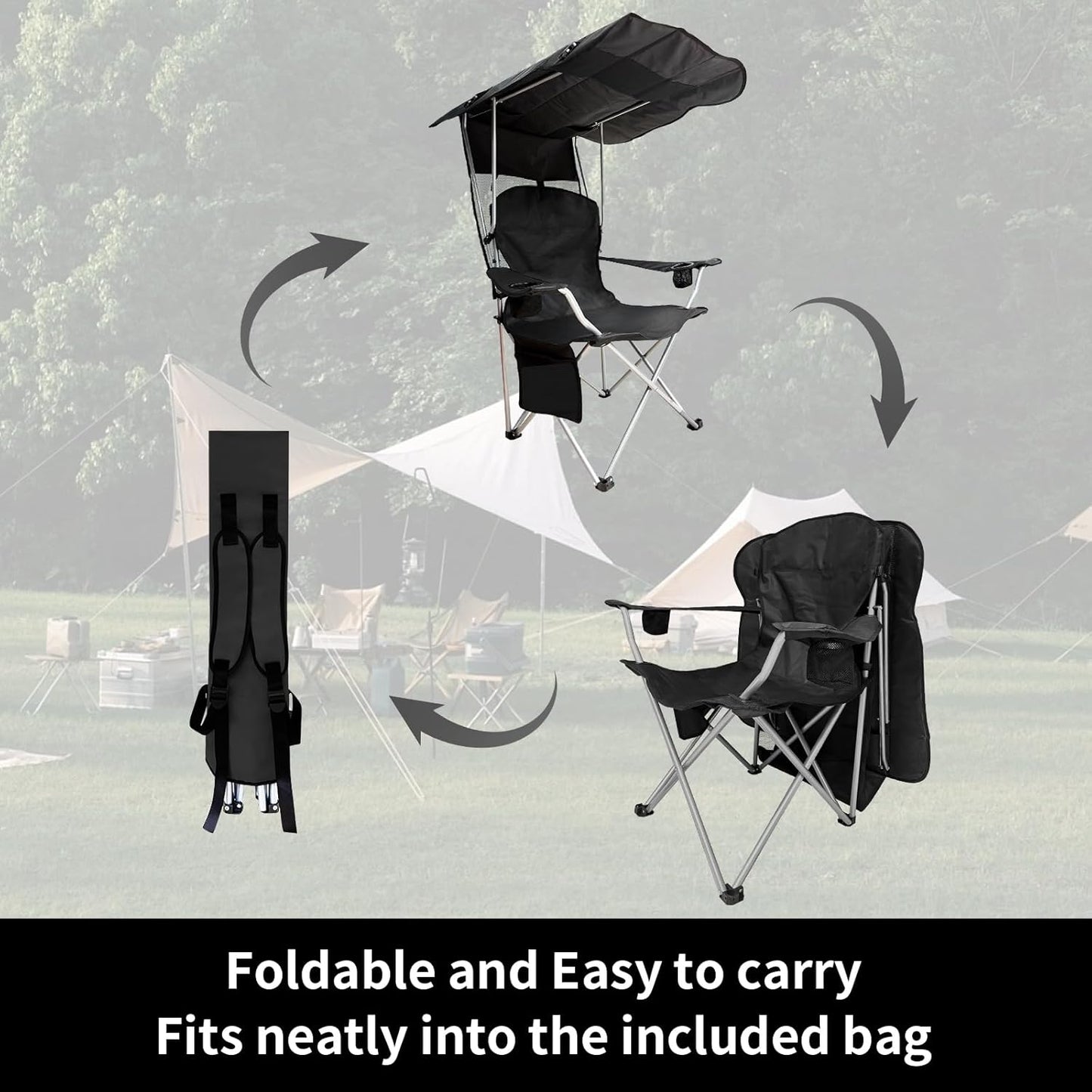 Skiennix Portable Camping Chair - Folding Lounge Chair with Canopy Shade & Cup Holder | Supports 330 LBS (Black)