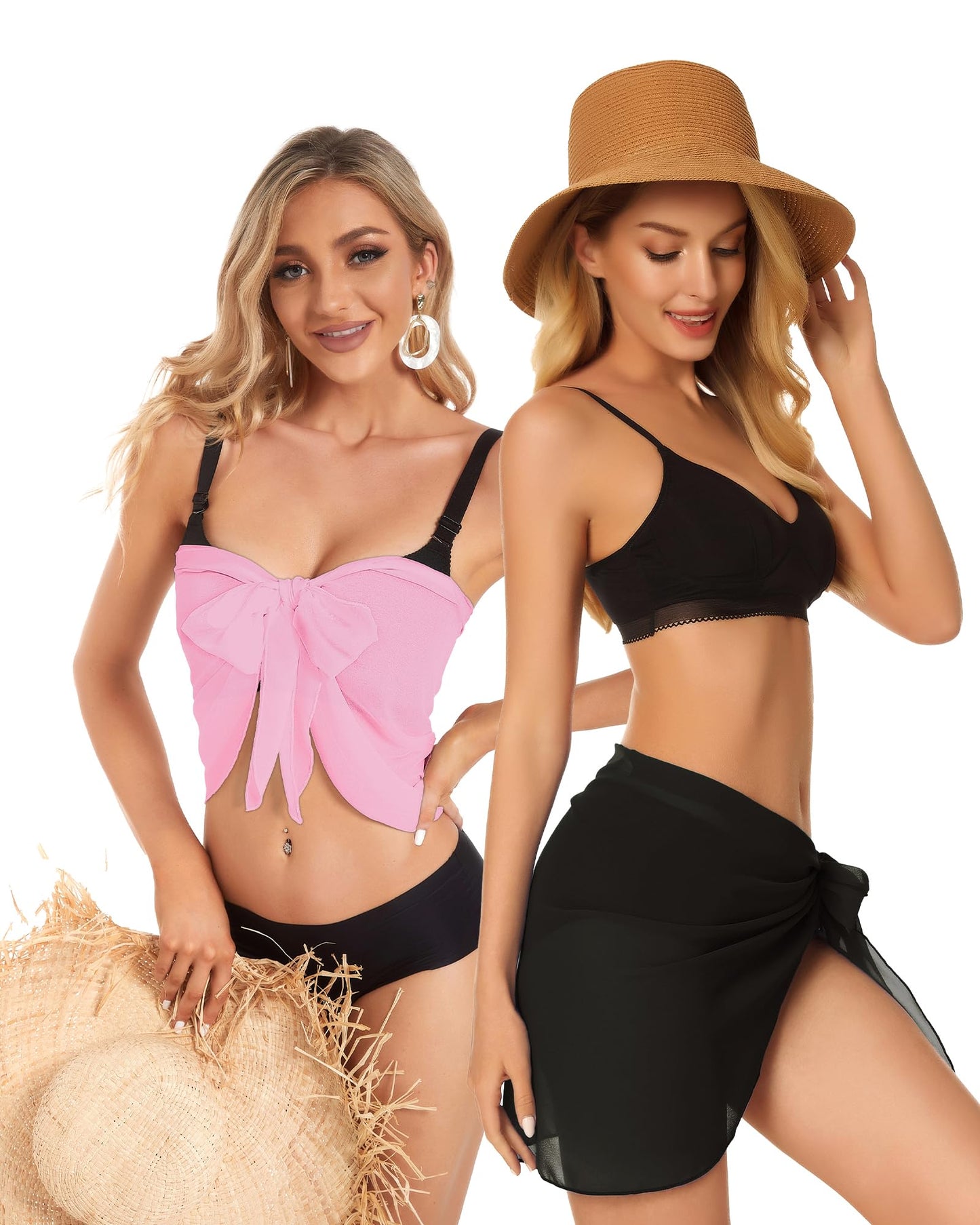 2 Pieces Sarong Cover Ups for Women Beach Bathing Suit Wrap Sheer Short Skirt Bikini Chiffon Scarf for Swimwear (Black and Pink)