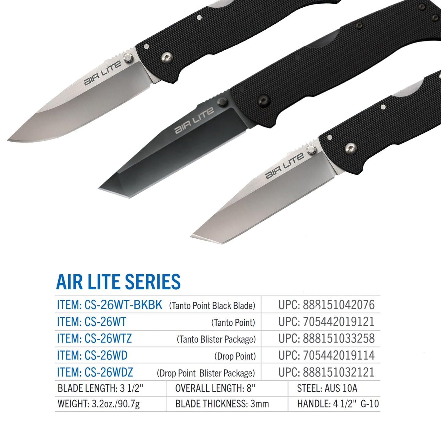 Cold Steel Air Lite 3.5" AUS10A Tanto Point Blade 4.5" G-10 Handle Everyday Carry Compact Pocket Folding Knife, Boxed