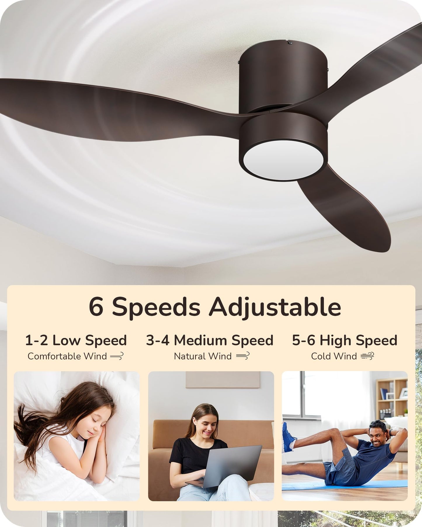 EDISHINE 52" Low Profile Ceiling Fans with Lights, Remote Control, Noiseless, 3CCT LED Dimmable, Reversible DC Motor, Timer, 6 Speeds, Modern Ceiling Fan Flush Mount for Bedroom Living Room, UL Listed