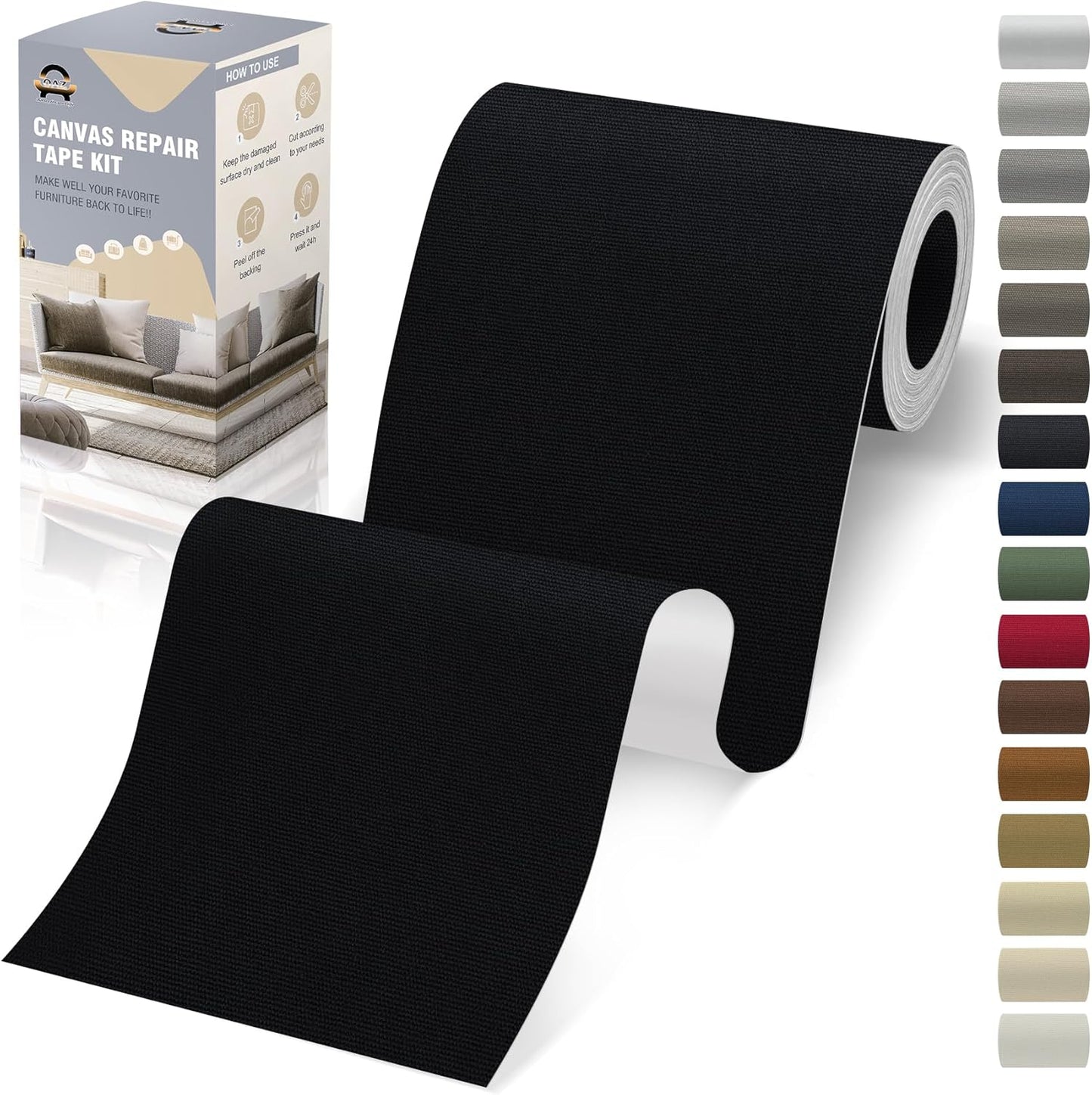 OAZ Canvas Repair Patches - Waterproof Self-Adhesive Fabric Patch Kit for Outdoor Gear | 4 x 79 Inch (Black)