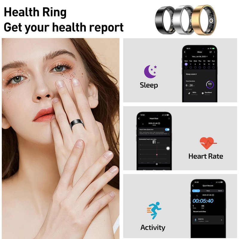Aichiken Smart Health Ring for Women Men Fitness Tracker with Heart Rate, Blood Oxygen,Sleep Monitoring, Step Counting, IP68 Waterproof for iPhone and Android, No Subscription (Bright Silver, 7)