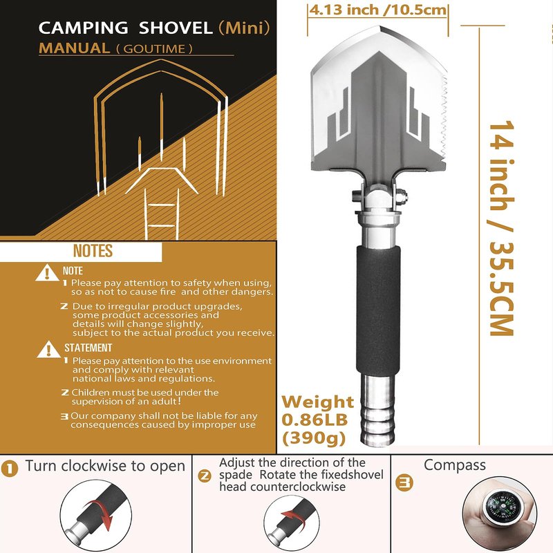 Goutime Tactical Shovel,Folding Survival Shovel for Camping Hiking with Storage Bag,Heavy Duty E-Tool Digs Dirt, Sand, Mud, Portable Shovel for Beaching, Fishing, Gardening