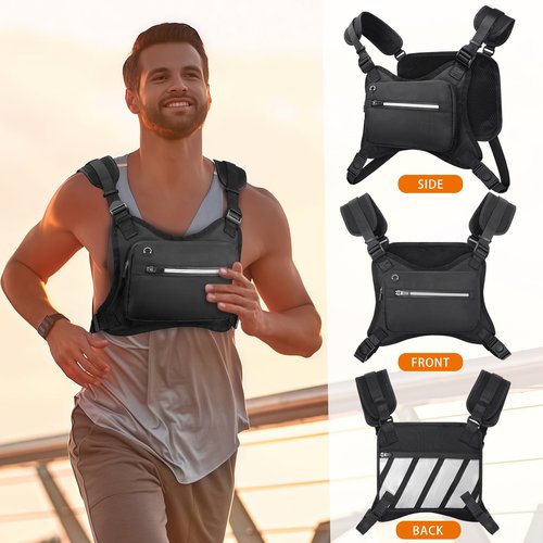 IMAGOA Water Resistant Chest Pack - Running Vest with Reflective Strip,Built-In Phone Holder & Extra Storage,Lightweight Running Pack for Running Hiking Cycling