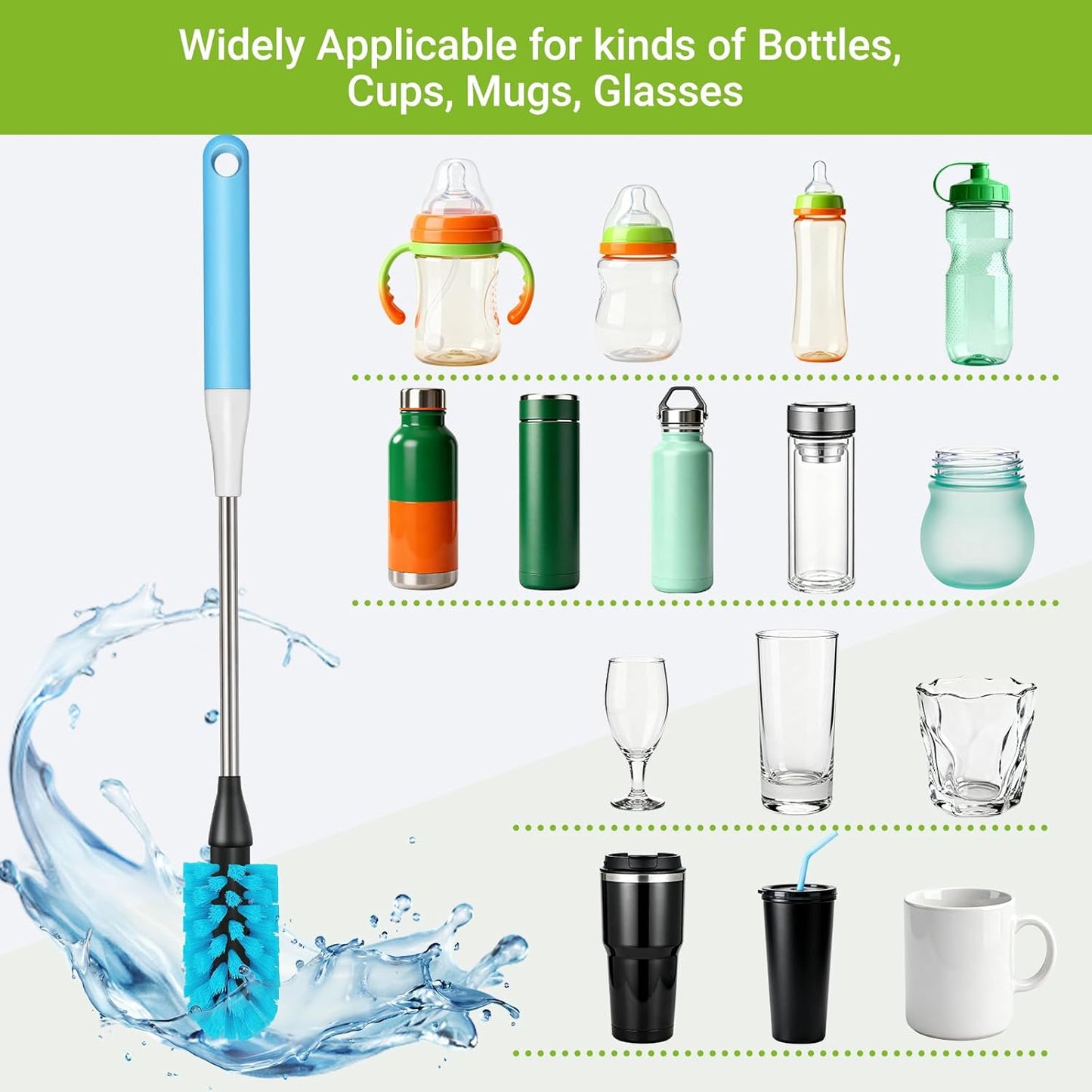 Skiennix 3-in-1 Bottle Brush - 15-Inch Long Handle for Easy Cleaning of Wine Glasses, Tumblers & More