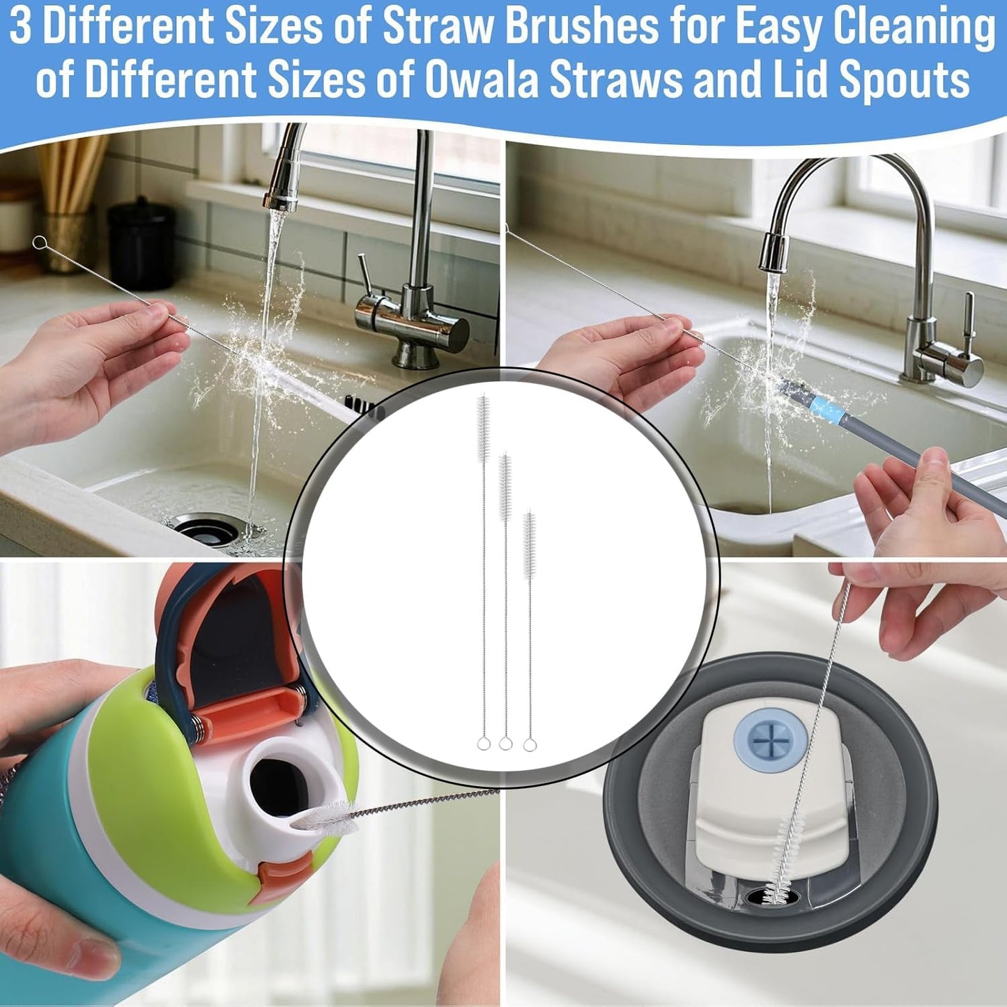 Water Bottle Cleaner Brush Set, 5 Pcs for 20 oz/32 oz/40 oz Cup, Multifunctional Bottle Brush and Long Straw Cleaner Brush, Cleaning Kit for Owala/Stanley/Yeti Tumbler Accessories